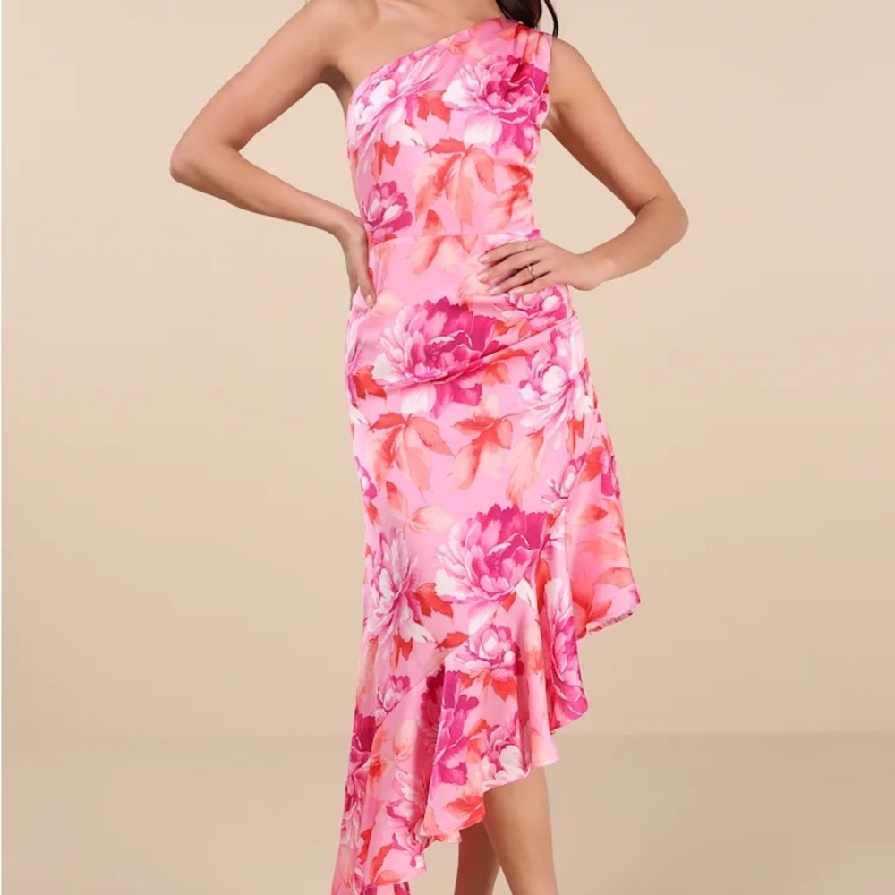 Lulu's Divinely Blooming Pink Multi Floral One-Shoulder Midi Dress - S